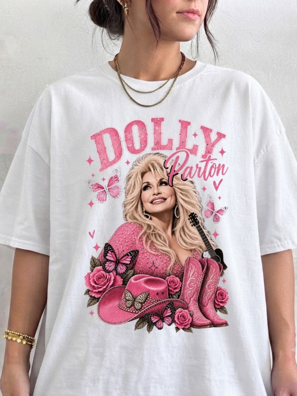 Dolly Parton Pink Cowboy Hat Boots Roses Butterflies Country Music Vintage Tee - Picture 2 of 7